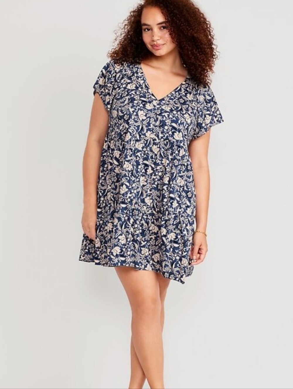 Old Navy Tiered Mini Swing Floral V-Neck Flutter Sleeve Dress Navy Cream Large